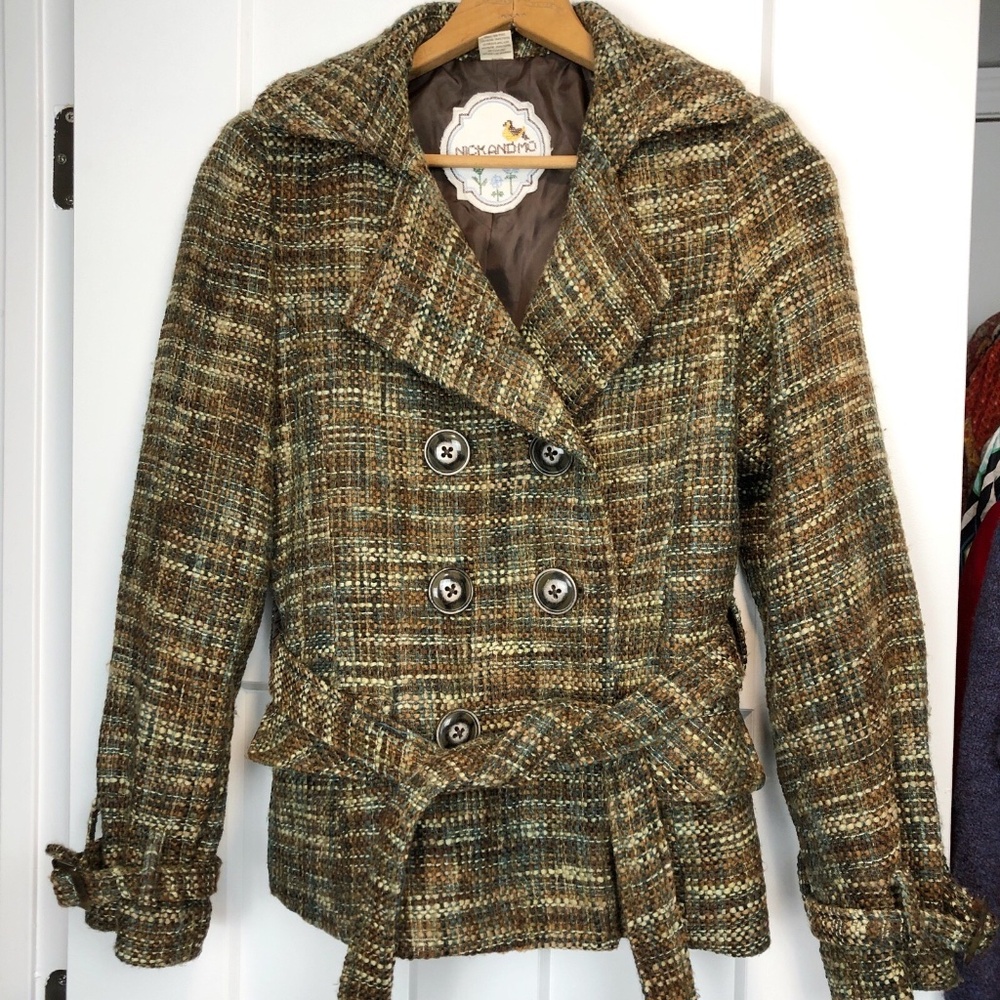 Anthropologie Nick And Mo Sz Med Double Breasted Wool Blend Retro Coat Fall Tie